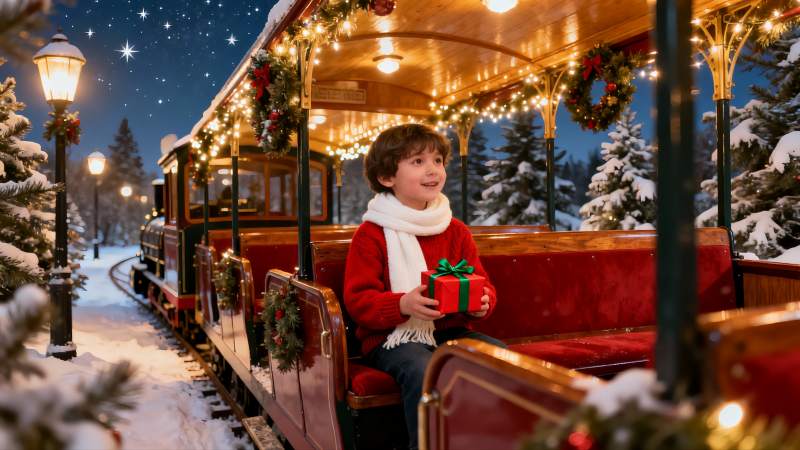 雪夜圣诞小火车上的欢乐童年图片