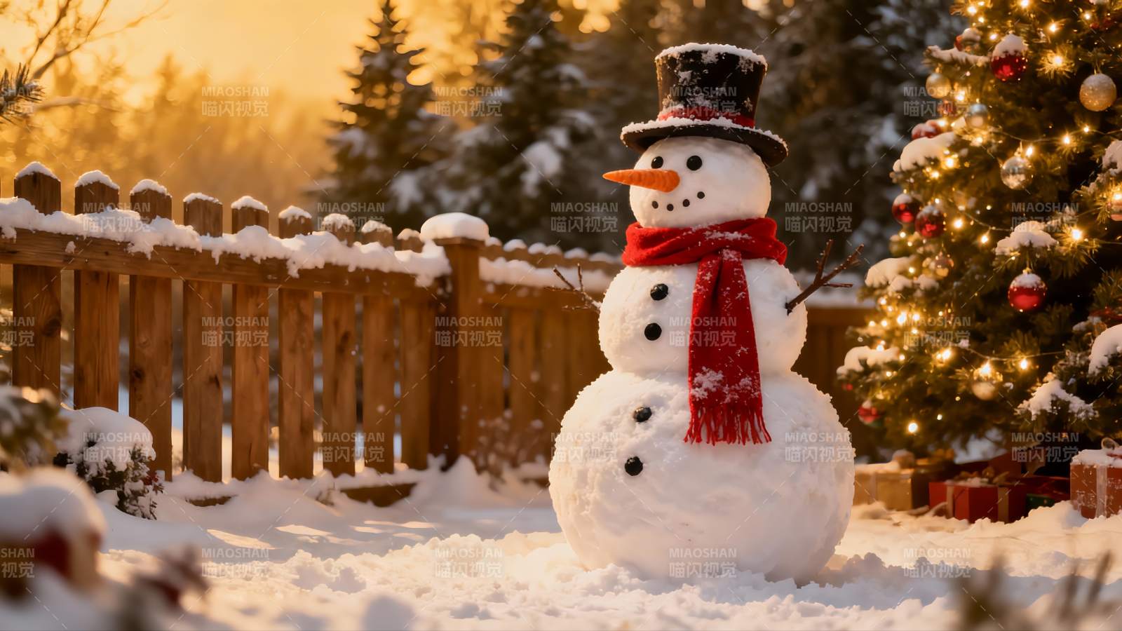 雪地圣诞树旁的雪人图片