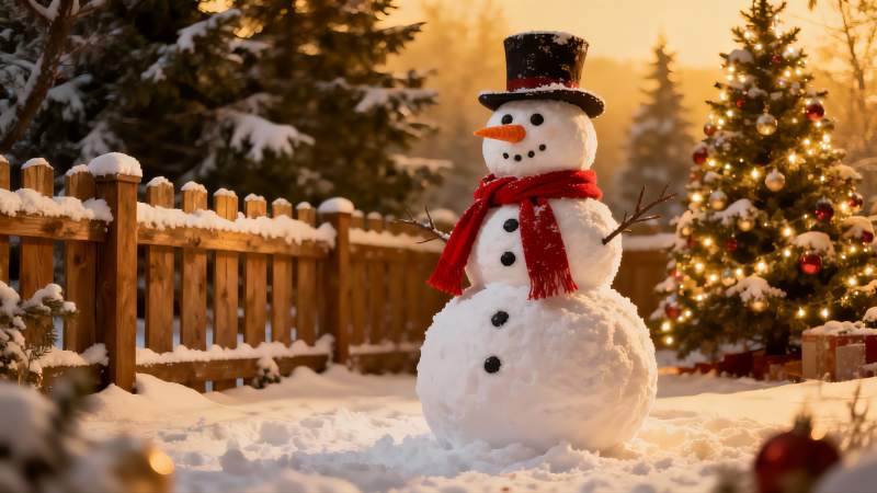 雪地圣诞树旁的雪人图片