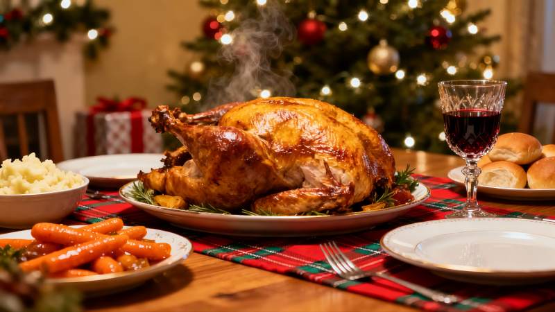 圣诞餐桌上的烤火鸡大餐图片