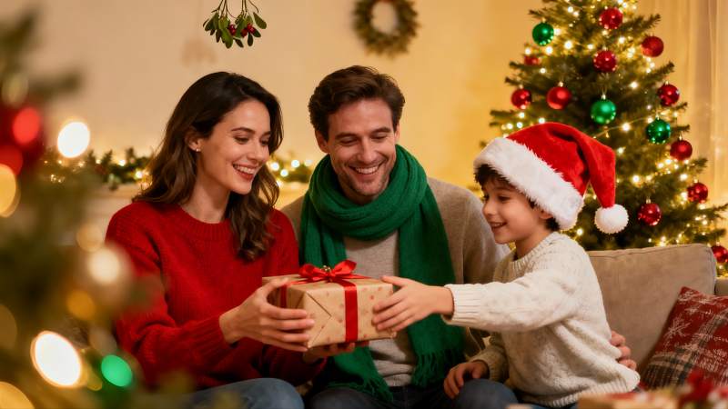 圣诞家庭温馨送礼场景图片