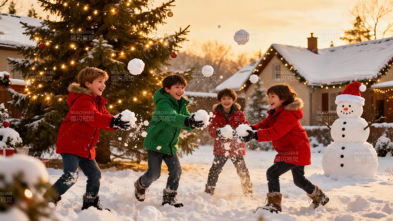 雪地儿童打雪仗欢乐场景图片