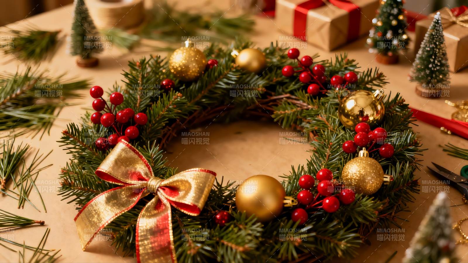 圣诞花环装饰制作场景图片