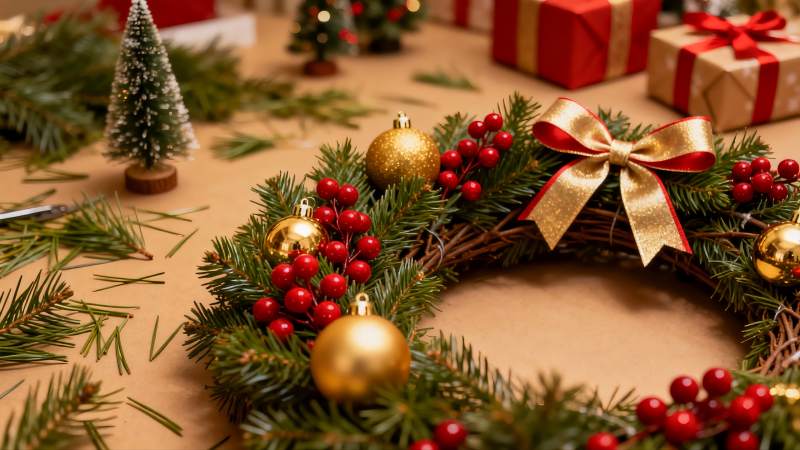 圣诞花环与礼物盒装饰场景图片