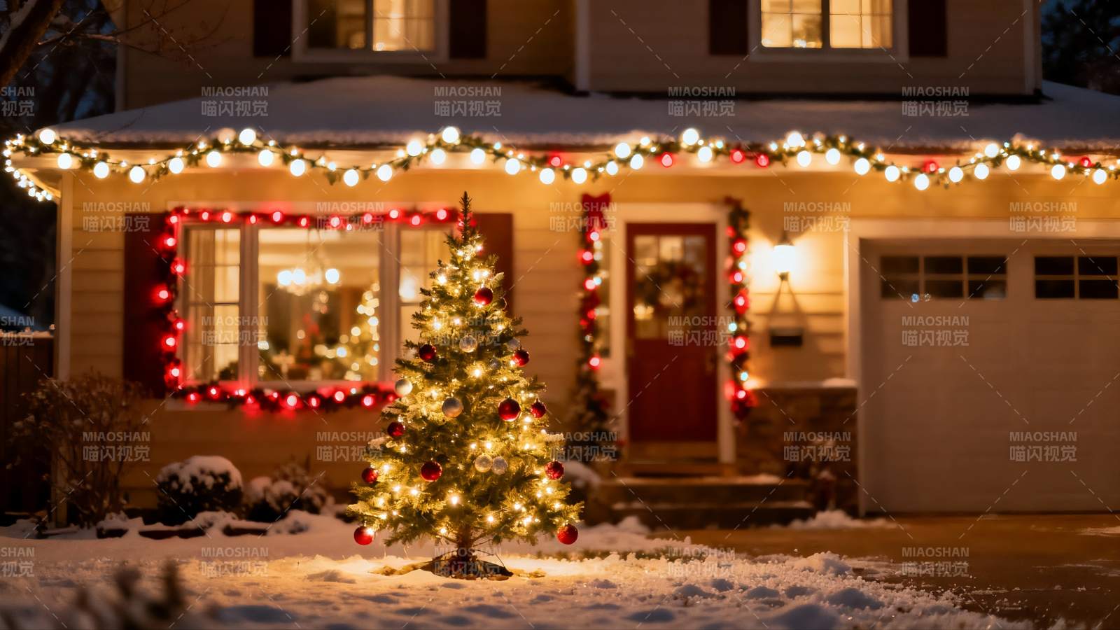 雪夜圣诞树与温馨家园图片