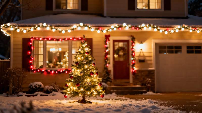 雪夜圣诞树与温馨家园图片