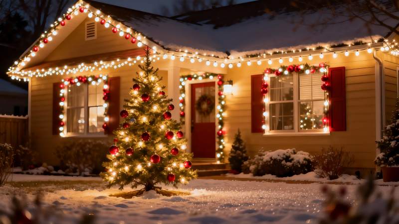雪夜圣诞树装饰房屋图片