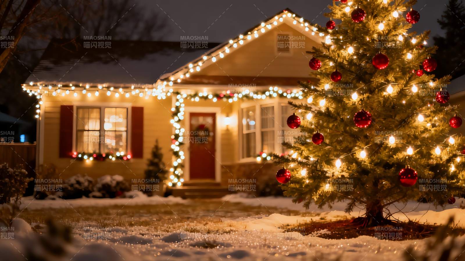 雪夜圣诞树与装饰房屋图片
