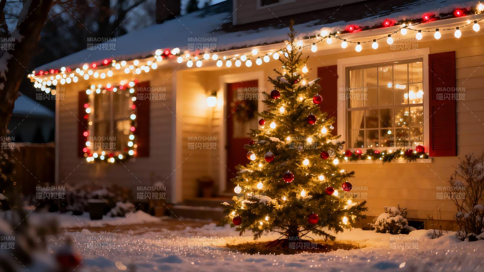 雪夜圣诞树与温馨房屋图片