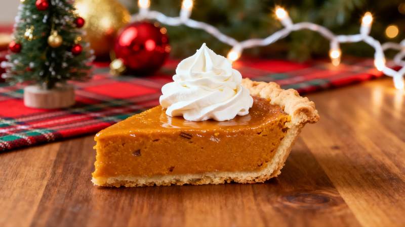 圣诞装饰下的南瓜派特写图片