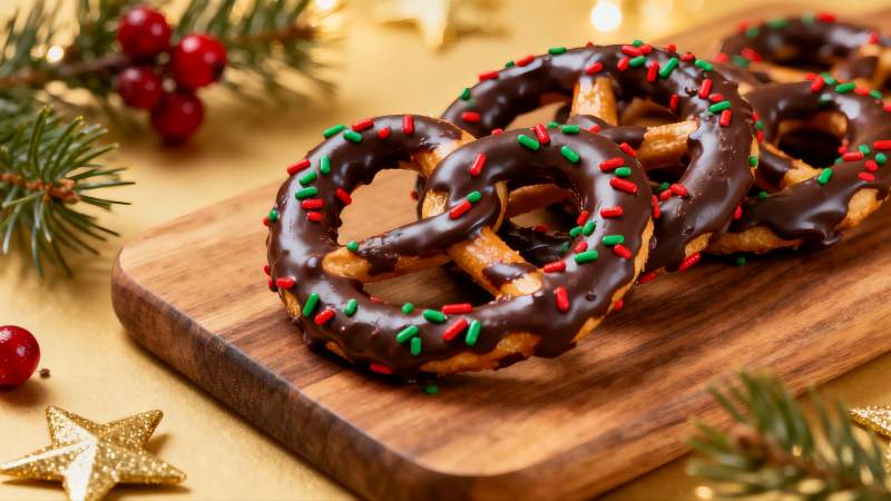 巧克力椒盐卷饼配节日装饰图片