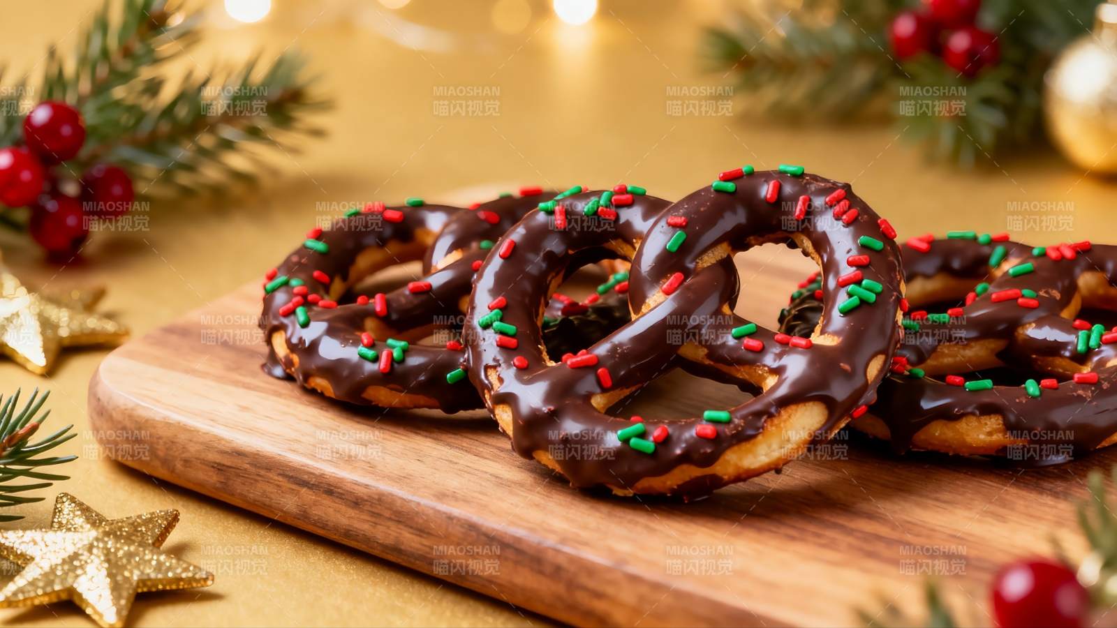 巧克力椒盐卷饼配节日装饰图片