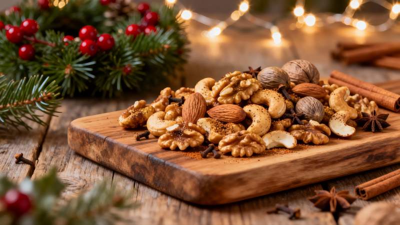 节日坚果拼盘木板摆拍图片