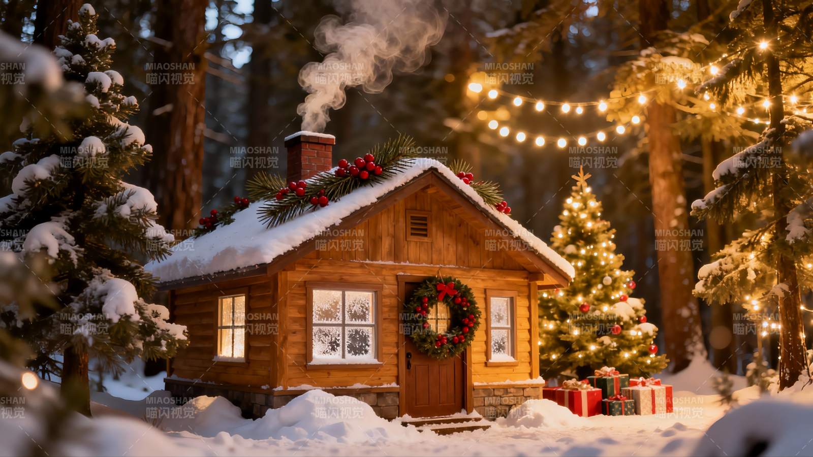 雪夜木屋圣诞树图片