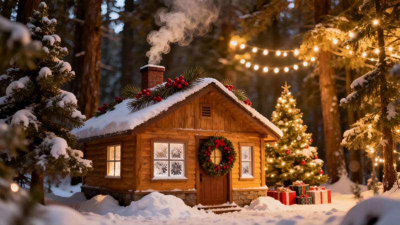 雪夜木屋圣诞树图片