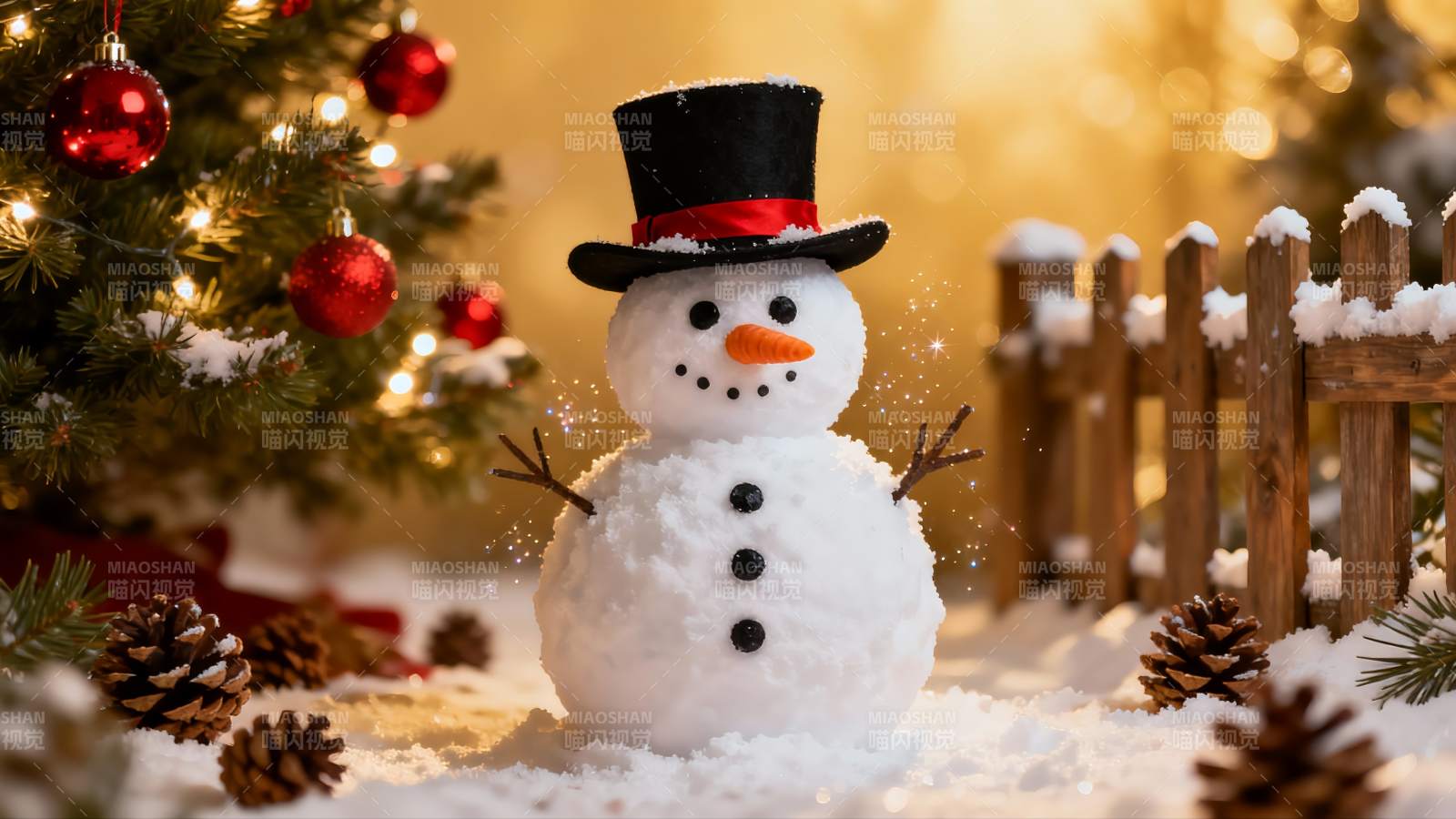 雪人圣诞树前欢乐过节图片