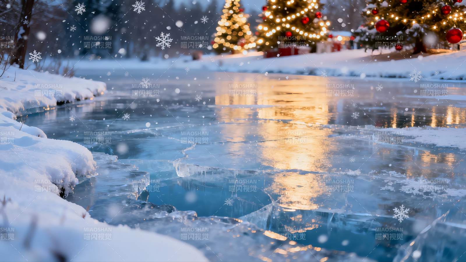 雪夜冰河圣诞树图片