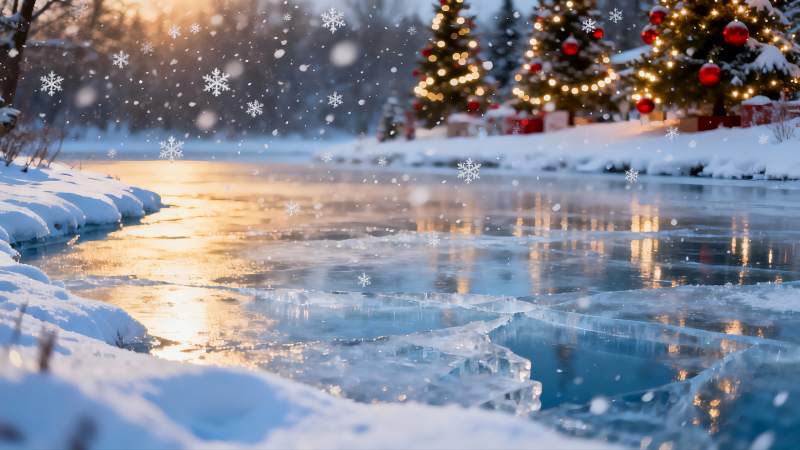雪夜冰湖圣诞树图片