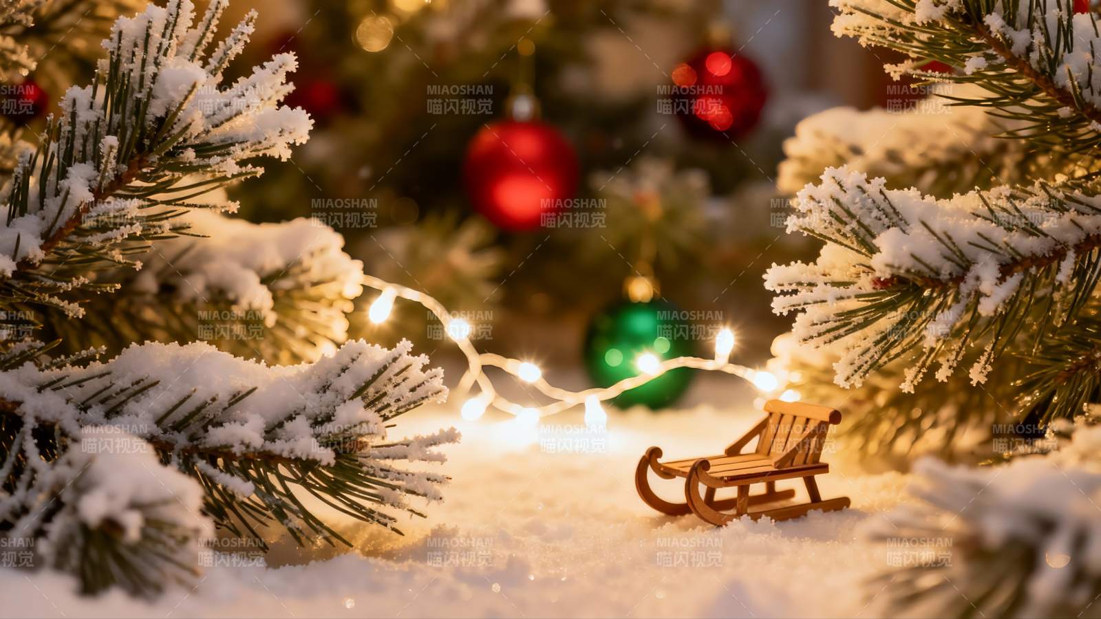 雪覆松枝圣诞小椅温馨场景图片