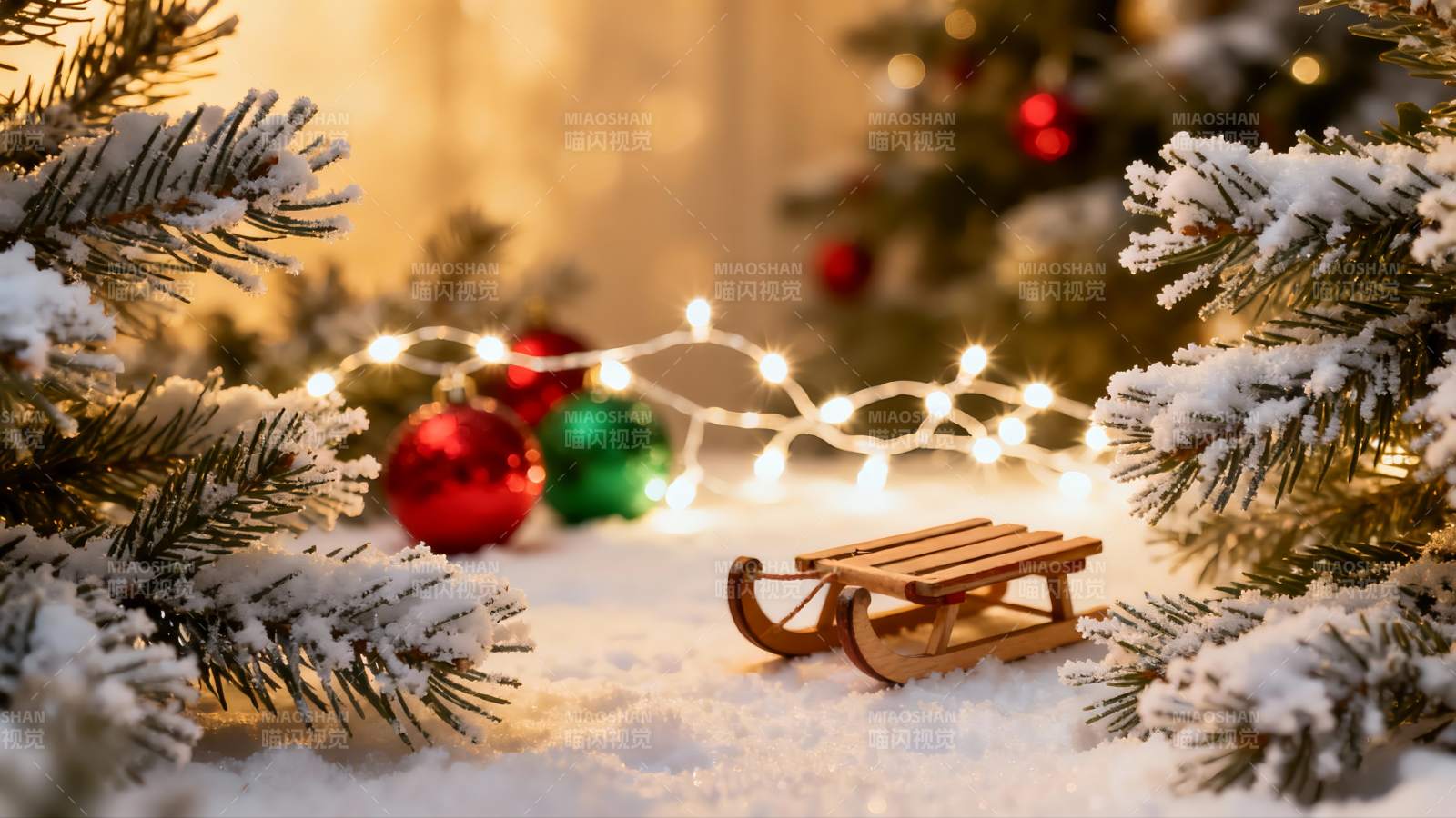 雪地圣诞树与小雪橇图片