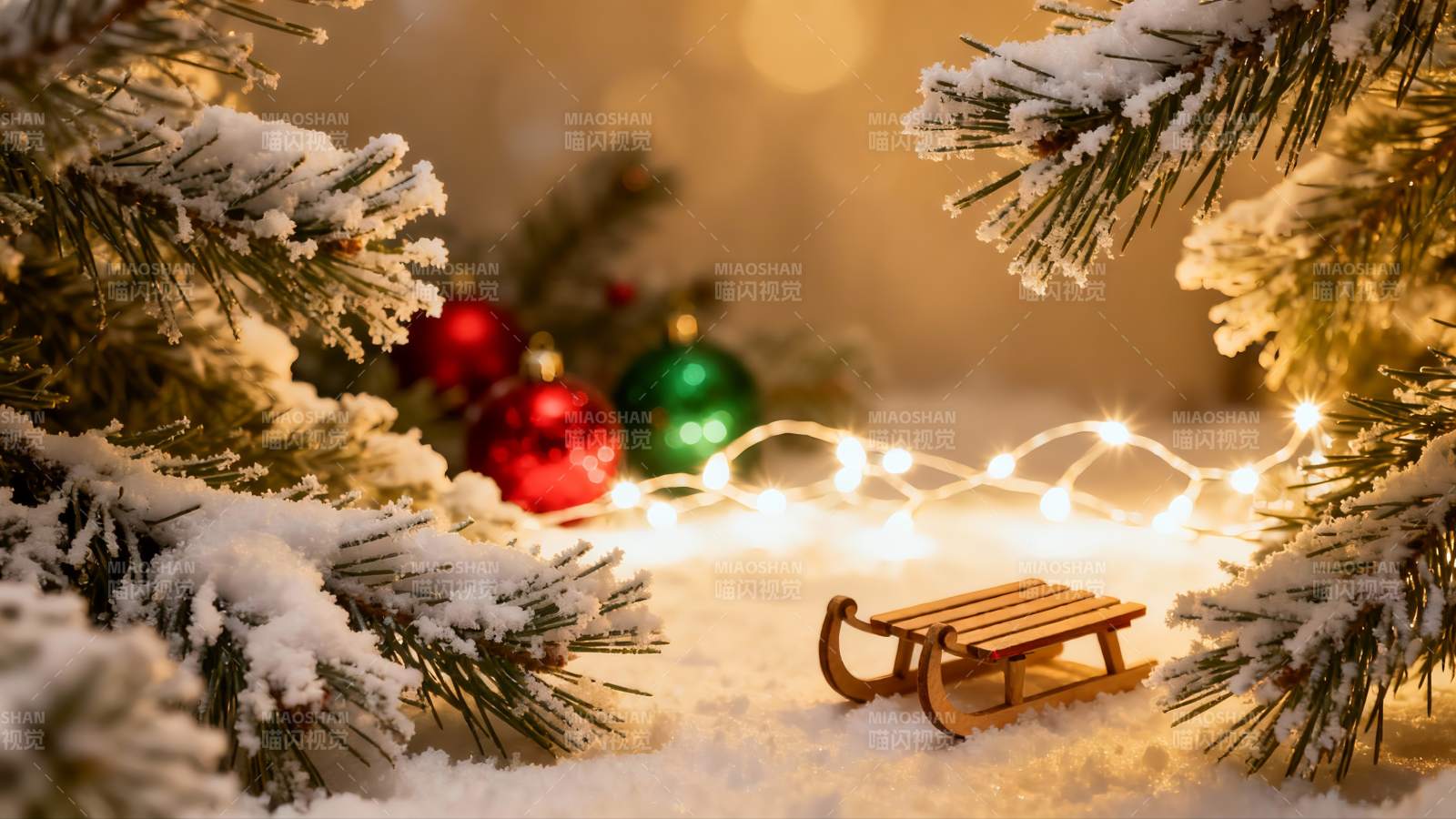 雪覆松枝圣诞小雪橇图片