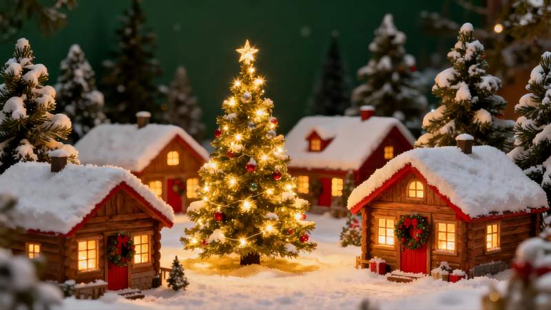 雪夜圣诞小屋与亮灯圣诞树图片