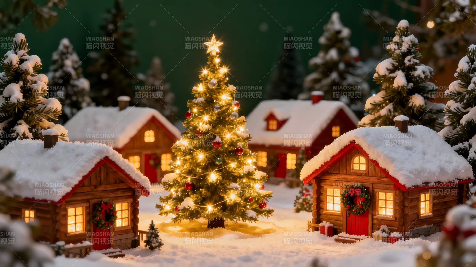 雪夜圣诞小屋与亮灯圣诞树图片