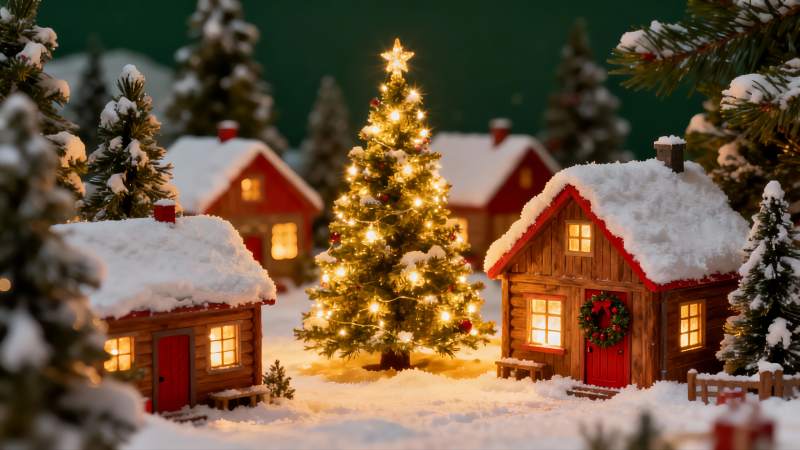 雪夜圣诞小屋与亮灯圣诞树图片