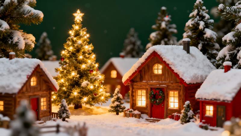 雪夜圣诞小屋灯光璀璨图片