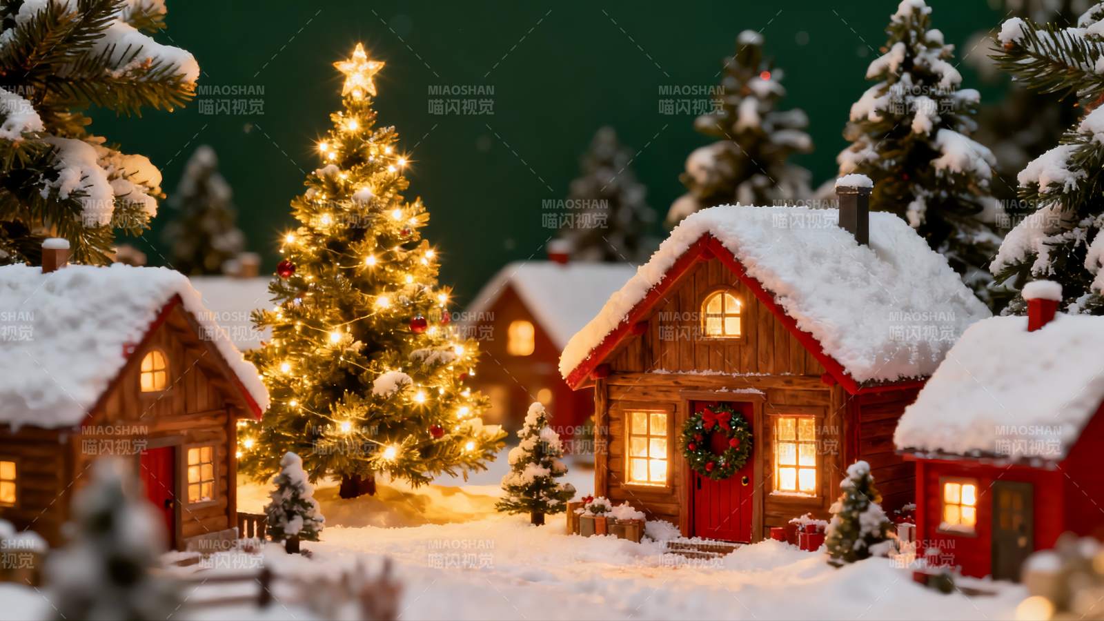 雪夜圣诞小屋灯光璀璨图片