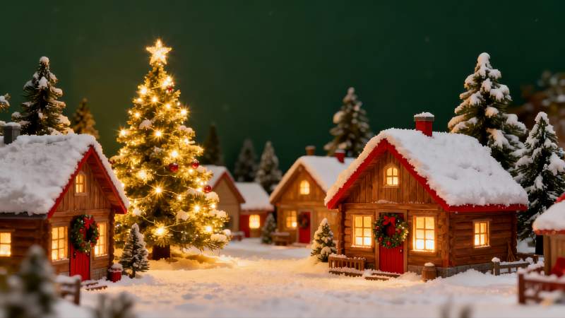 雪夜圣诞小屋灯火温馨图片