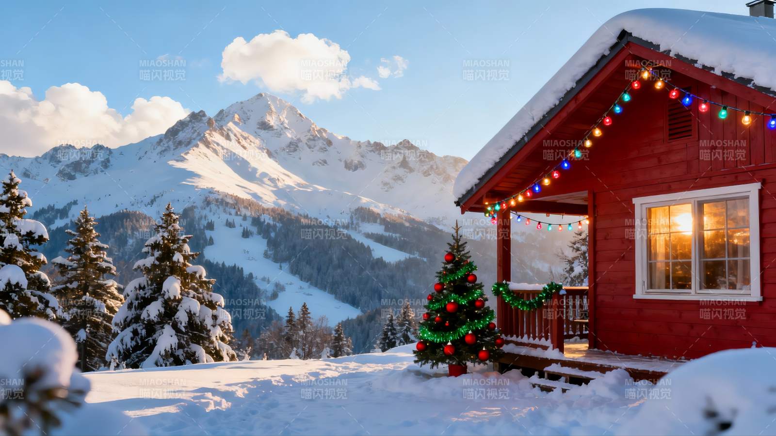 雪景小屋迎圣诞图片