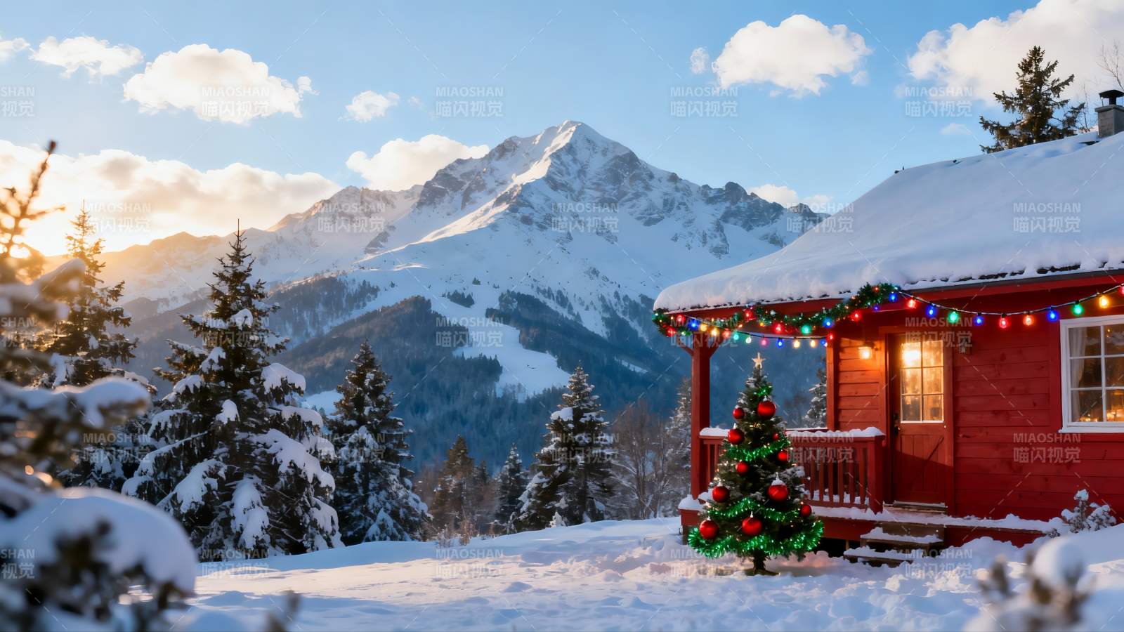 雪景木屋圣诞装饰图片