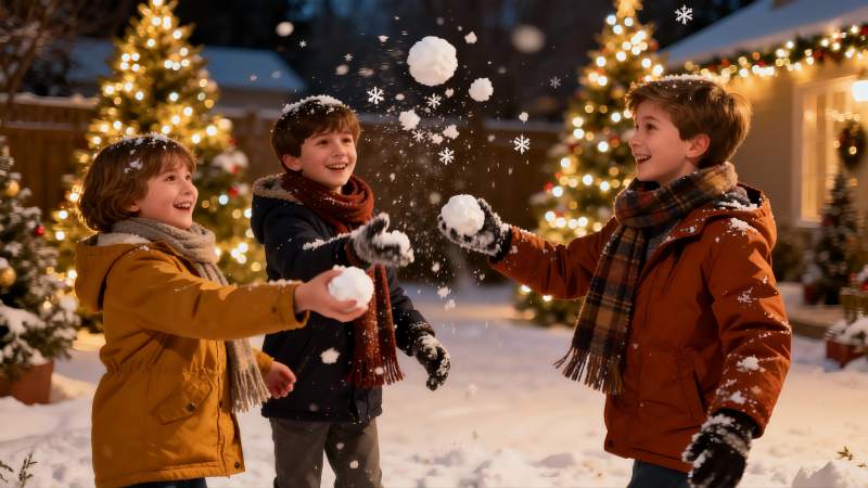 三个男孩雪地玩耍欢乐场景图片
