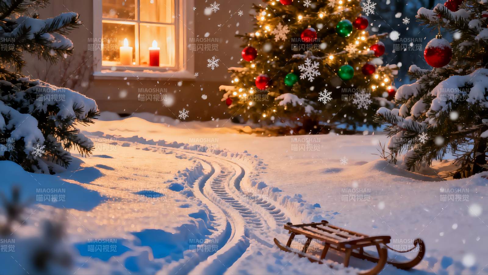 雪夜圣诞树与雪橇图片
