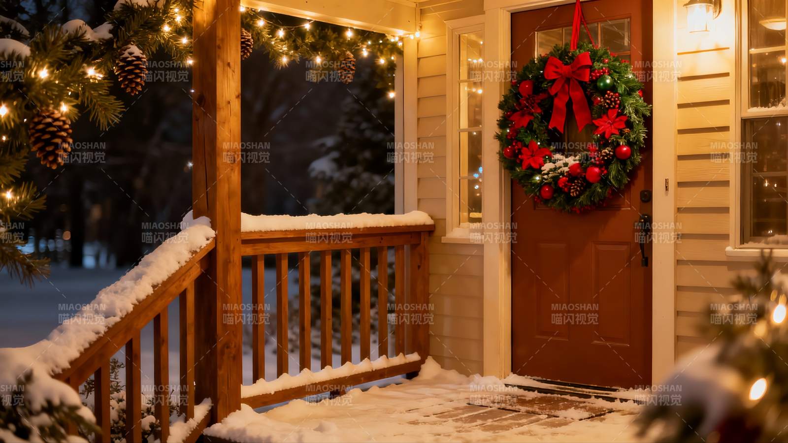 雪夜圣诞门廊温馨装饰图片
