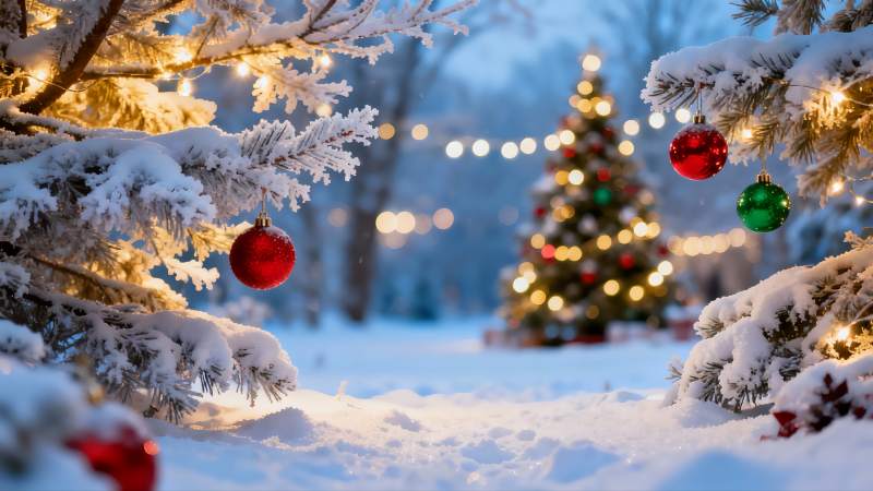 雪夜圣诞树挂彩球图片