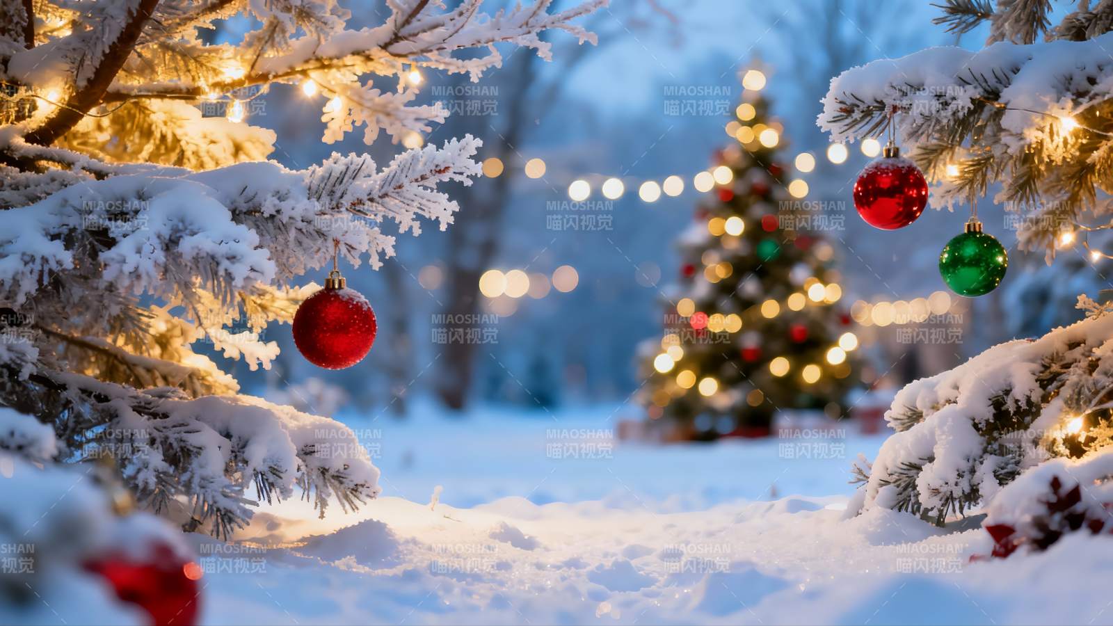 雪夜圣诞树挂彩球图片