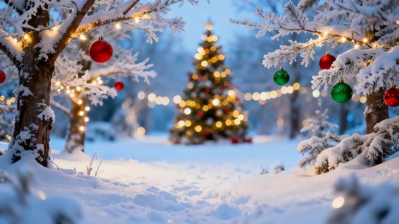 雪夜圣诞树与彩灯装饰图片