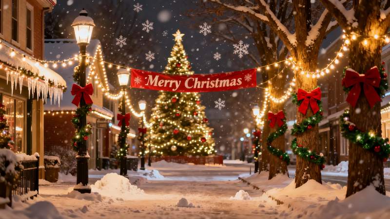 雪夜圣诞街景灯光璀璨图片