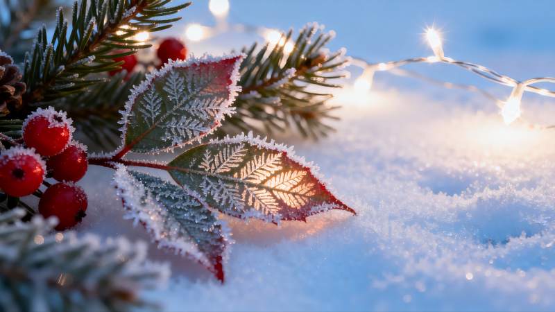 雪地红果与冰霜绿叶图片