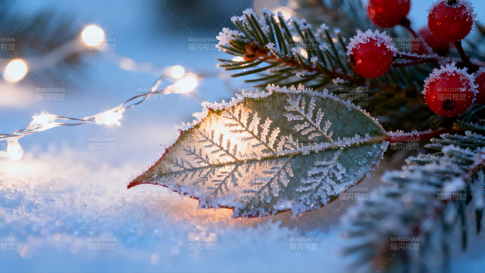 雪中红果绿叶冰霜点缀图片