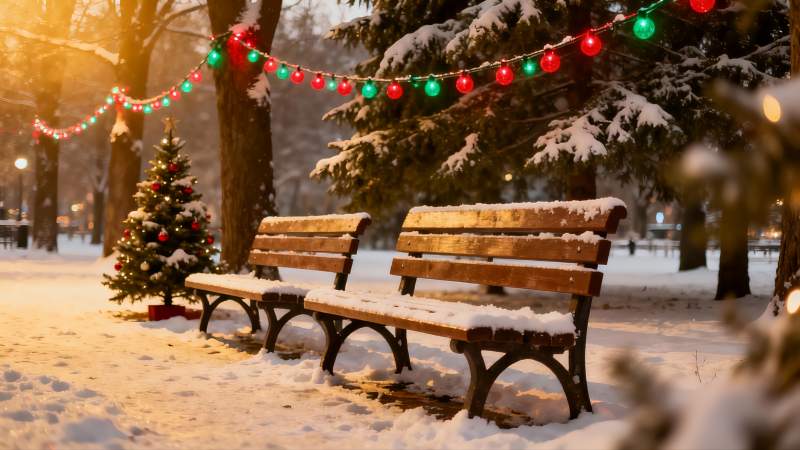 雪夜公园圣诞灯饰长椅图片