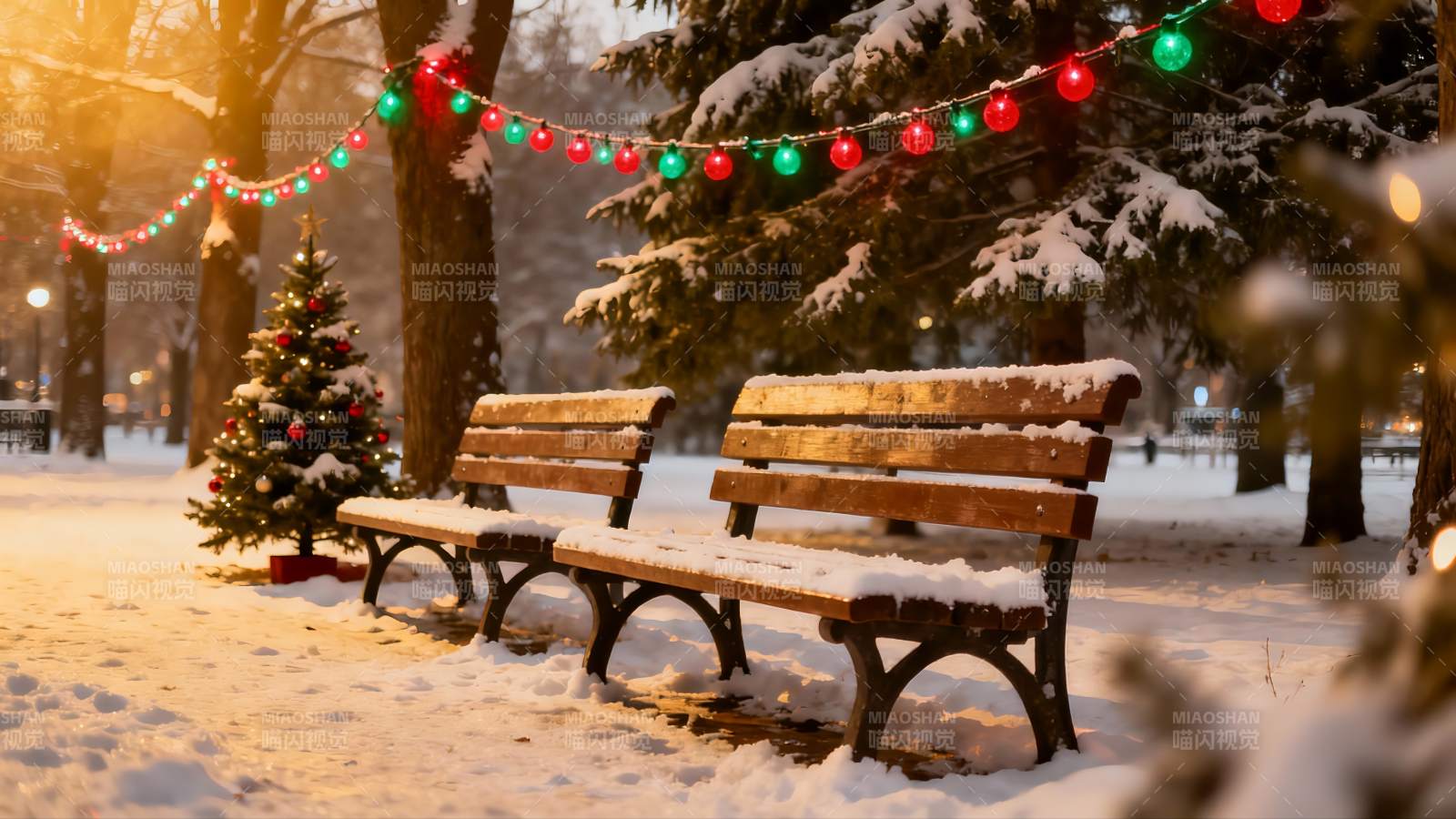 雪夜公园圣诞灯饰长椅图片
