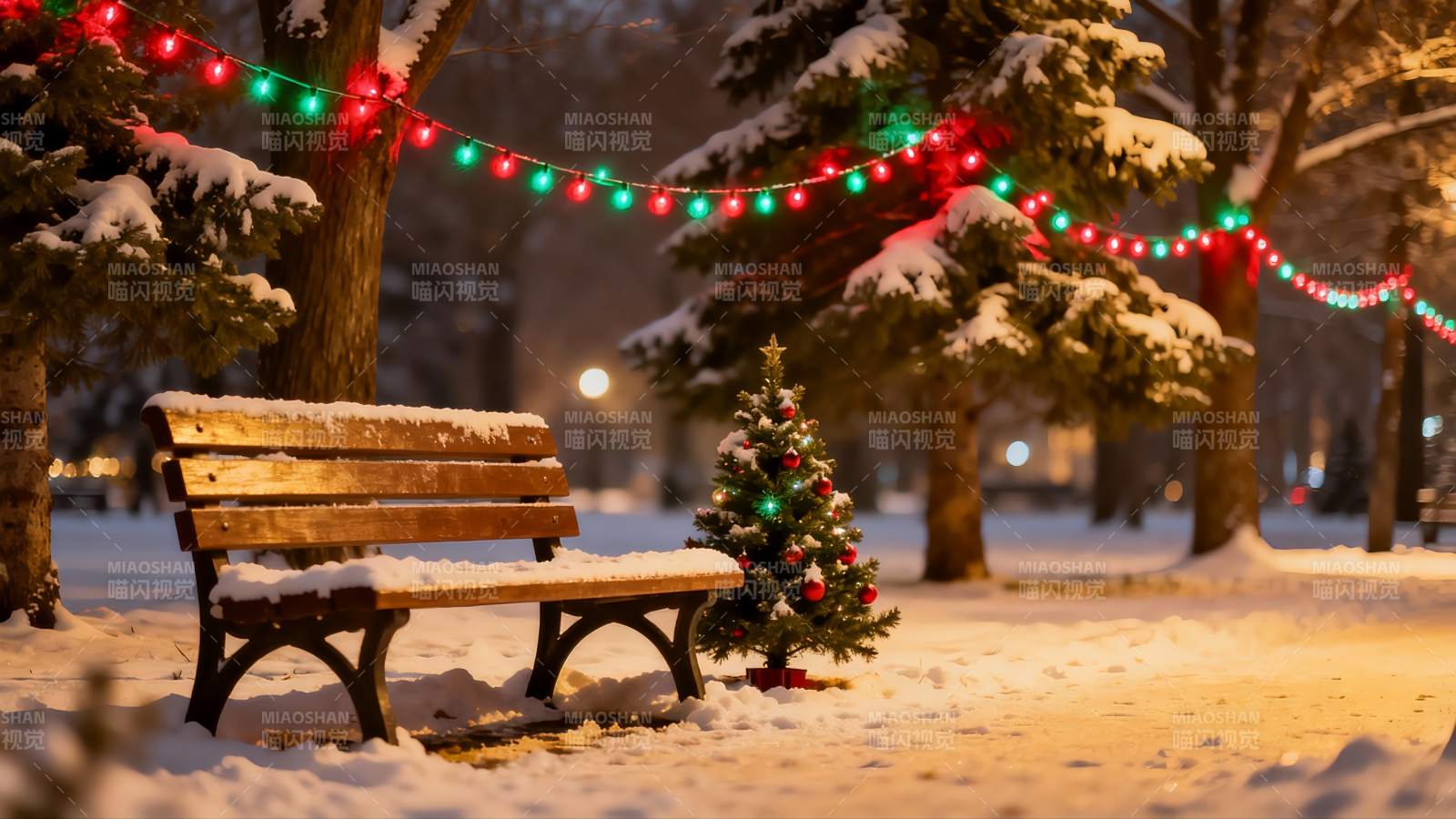 雪夜公园圣诞灯饰长椅图片