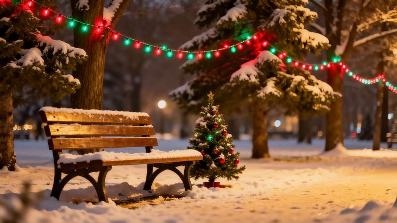 雪夜公园圣诞灯饰长椅图片