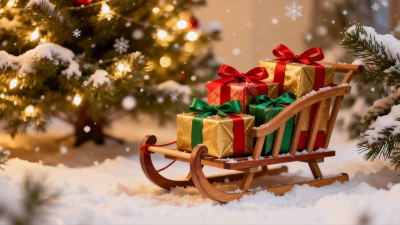 雪地圣诞树旁的礼物雪橇图片