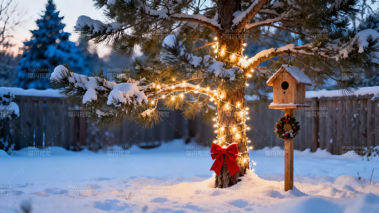 雪夜松树挂彩灯图片