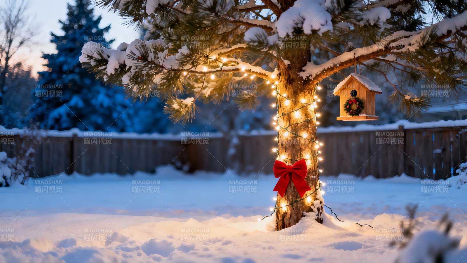 雪夜松树挂彩灯图片