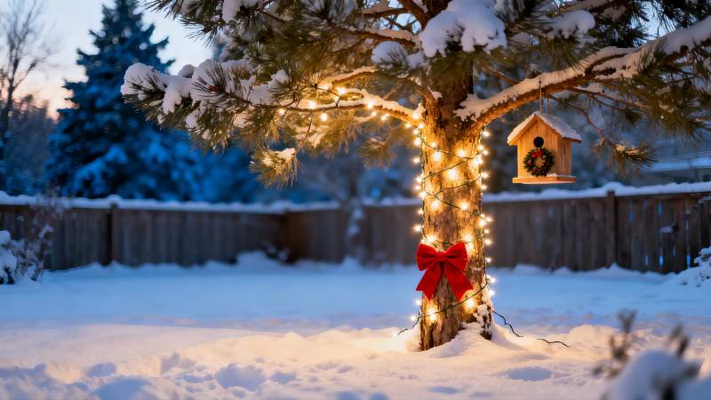 雪夜松树挂彩灯图片